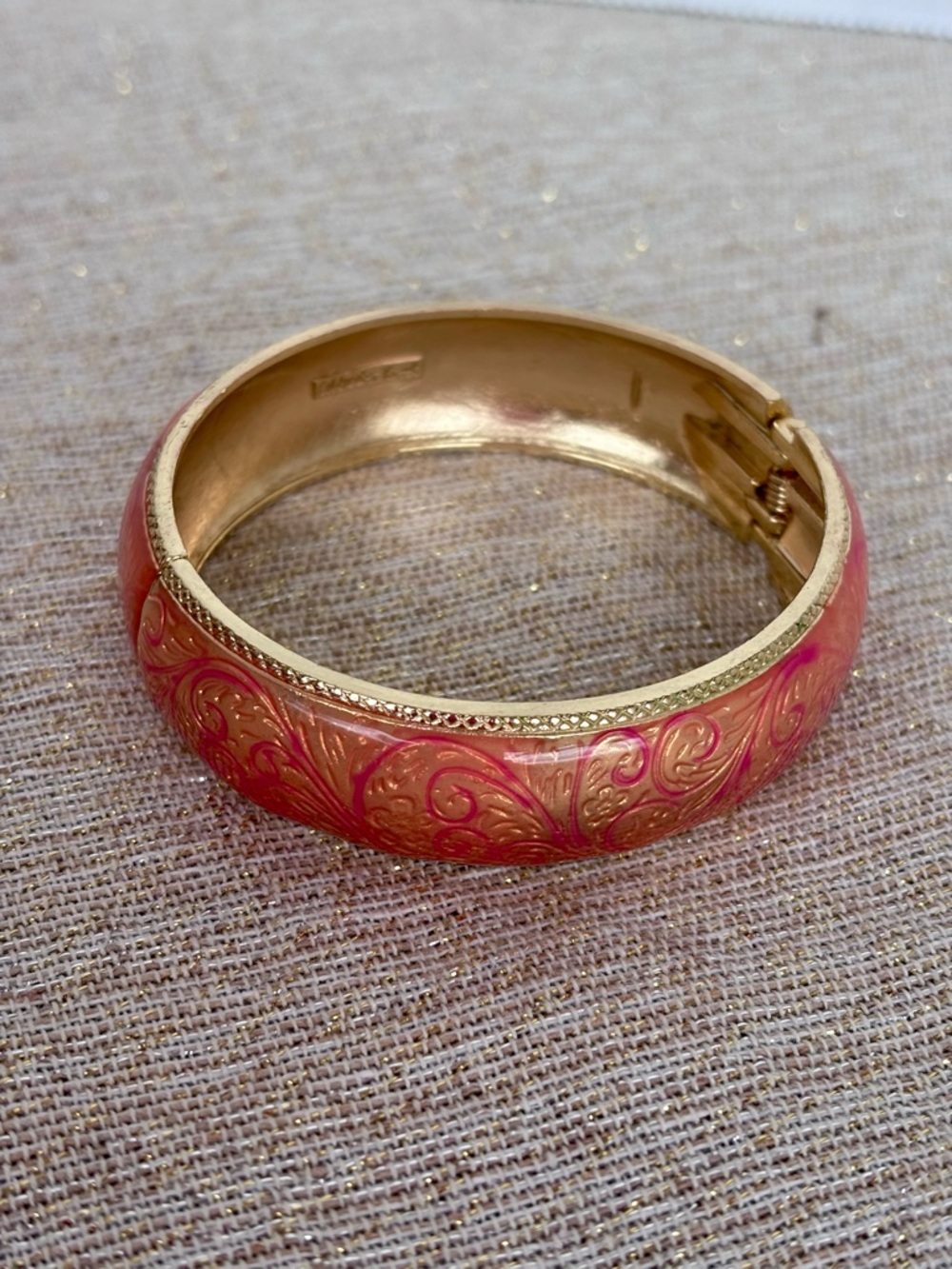 Coldwater Creek Pink Enamel Gold Tone Hinged Bangle Bracelet